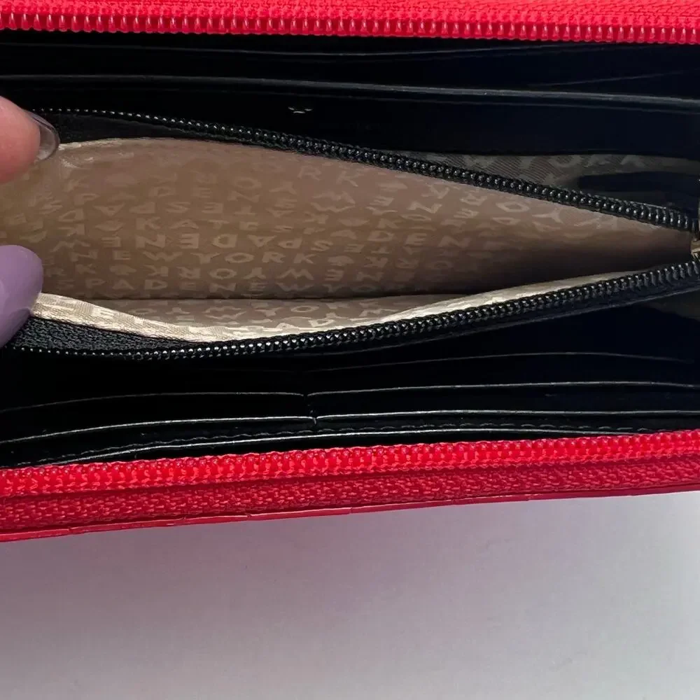 Kate Spade Red Patent Leather Embossed Spade and Circle Motif Full Zip Wallet